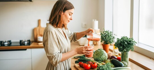 Eine Frau steht in der Küche und gießt sich einen rötlichen Smoothie aus Gemüsesorten in ein Glas.