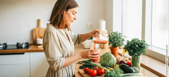 Eine Frau steht in der Küche und gießt sich einen rötlichen Smoothie aus Gemüsesorten in ein Glas.