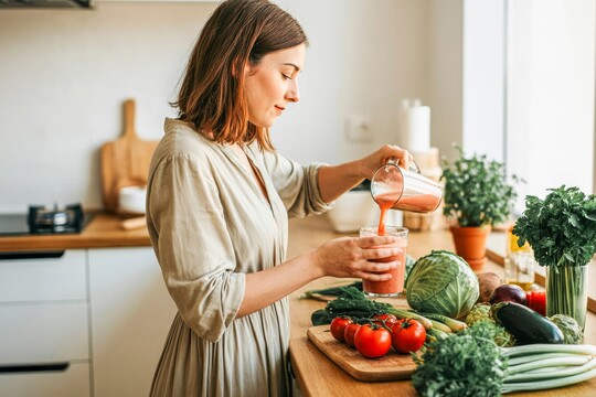 Eine Frau steht in der Küche und gießt sich einen rötlichen Smoothie aus Gemüsesorten in ein Glas.